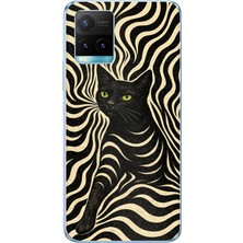 TechTree Vivo Y21S/Y33S/Y32 Uyumlu Siyah Kedi ve Optik Desenli Baskılı Silikon Kılıf