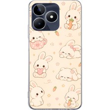 TechTree Realme C53 Uyumlu Sevimli Kawaii Tavşan ve Havuç Desenli Krem Baskılı Silikon Kılıf