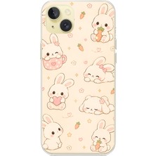 TechTree iPhone 15 Plus Uyumlu Sevimli Kawaii Tavşan ve Havuç Desenli Krem Baskılı Silikon Kılıf