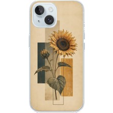 TechTree iPhone 15 Uyumlu Vintage Botanik Ayçiçeği Desenli Baskılı Silikon Kılıf
