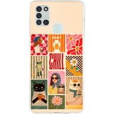 TechTree Samsung Galaxy A21S Uyumlu Cool Chill Krem Pop Art Kolaj Baskılı Silikon Kılıf