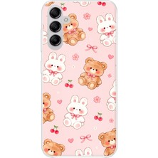 TechTree Samsung Galaxy A14 Uyumlu Pembe Ayıcıklı ve Tavşanlı Kawaii Kiraz Baskılı Silikon Kılıf