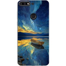 TechTree Huawei Y7 2018 - Honor 7c Uyumlu Yıldızlı Gece ve Kayık Manzaralı Baskılı Silikon Kılıf