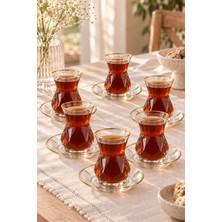 Enza Tılsım 12 Parça Çay Seti Altın Yaldızlı Kristal Kesim Cam Çay Bardağı Takımı