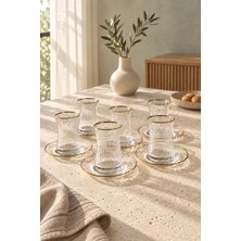 Enza Hisar 12 Parça Çay Seti Altın Yaldızlı Yivli Cam Çay Bardağı Takımı
