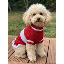 Reyn Handmade Kırmızı Beyaz Pırıltılı El Örgüsü Köpek Kazağı - Etek Ucu Fırfırlı Küçük Irk Kedi ve Köpek Elbisesi