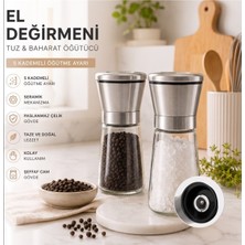 BURADABULDUN Seramik Öğütücülü 5 Kademeli Tuz ve Karabiber Değirmeni 200 ml Şeffaf Cam Hazne 18 cm 2'li Set