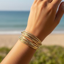 BURADABULDUN Kadın 14K Kaplama Gold Çoklu Şerit Çelik Kelepçe Bileklik