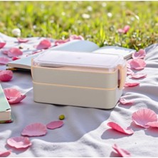 BURADABULDUN Titiz Fely 2 Katlı Öğle Yemeği Kabı – Çatal Kaşık Dahil – Sızdırmaz Kilitli Lunch Box- Krem Renk