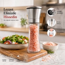 BURADABULDUN Seramik Öğütücülü 5 Kademe Ayarlı Tuz ve Karabiber El Değirmeni - 200 ml Şeffaf Cam Hazne 18 cm