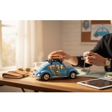 BURADABULDUN Klasik Işıklı Sesli Metal Araba – Mavi Valizli Retro Beetle - 15 cm
