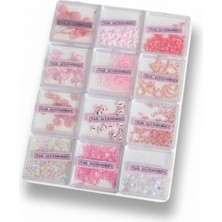 BURADABULDUN Pembe Nail Art Tırnak Süsleme Seti 12 Bölmeli | Çiçek, Kalp, Ayıcık, Inci ve Pul Tırnak Aksesuarları