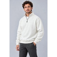Moda Şehri Erkek Üç Iplik Içi Şardonlu Dik Yaka Yarım Fermuarlı Kışlık Sweatshirt - Beyaz