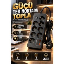 Merwish 8’li Akım Korumalı Çoklu Priz 2500W 10A – 2 Usb-A 2 Type-C, 2 Metre Kablo, Açma Kapama Düğmeli