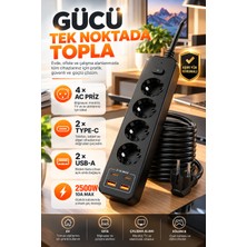 Merwish 4’lü Akım Korumalı Priz 2500W 10A – 2 Type-C + 2 Usb-A Çıkışlı Çoklu Priz, Aşırı Yük Korumalı