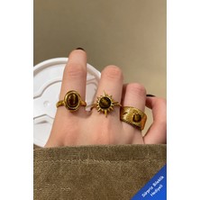The Collection 3'lü Kombin Kahverengi Taşlı Gold Vintage Ayarlanabilir Yüzük Set