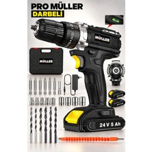 Pro Müller Alman Black Series Darbeli Su Terazili Çelik Şanzuman Bakır Sargılı Çift Akülü Şarjlı Matkap 27 Parça Set