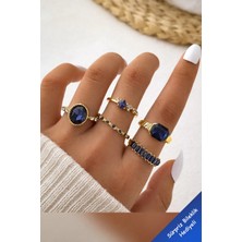 The Collection 5'li Kombin Kristal Mavi Taşlı Model Gold Yüzük Set