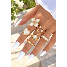 The Collection 6'lı Kombin Beyaz Taşlı Çiçek Güneş Ay Kalp Alyans Model Ayarlanabilir Gold Yüzük Set
