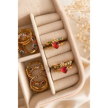 The Collection Çift Sıra Kalp Figürlü Renkli Çiçek Detaylı Ayarlanabilir Gold Kadın Yüzük