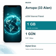 Bin1çeşit Avrupa (33 Alan) Esım Internet Paketi Günlük 1 GB 1 Gün - Fup 1 Mbps