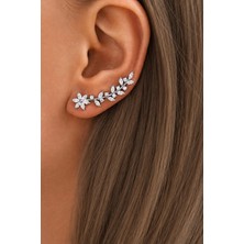 The Collection Kadın Zirkon Su Yolu Çiçek ve Yaprak Model Ear Climber Gümüş Çengelli Küpe
