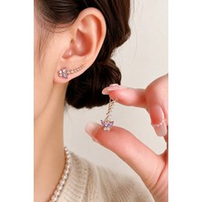 The Collection Kadın Mor Zirkon Taşlı Kelebek Model Ear Climber Gold Çengelli Küpe