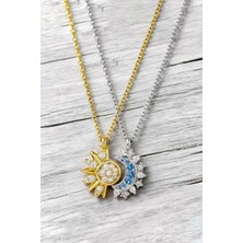 The Collection 2'li Gökyüzü Mavisi Işıltılı Güneş ve Hilal Ay Çift Arkadaşlık Sevgili Kolye