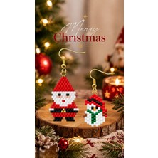Seard Miyuki Boncuk El Yapımı Noel Baba ve Minik Kardan Adam Küpe Yılbaşı Christmas Noel