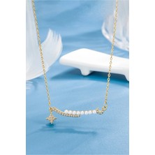The Collection Kutup Yıldızı Hilal Detaylı Kararmaz Gold Inci Taşlı Çelik Kolye