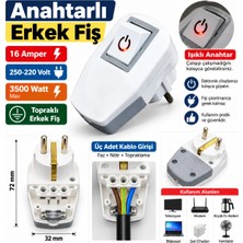 Depa Erkek Anahtarlı Topraklı Fiş Işıklı Anahtarlı Beyaz 220 Volt (Kolay Bağlantı)