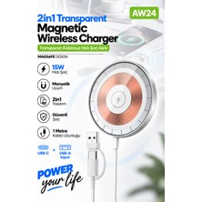 Acl AW24 15W Magsafe Uyumlu Manyetik Kablosuz Hızlı Şarj Aleti, Usb-C & Usb-A Çift Girişli 1 Metre Kablolu Şarj Cihazı
