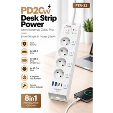Fulltech Ftr-33 Akım Korumalı 4’lü Çoklu Priz – 3680W 16A, 1050J, 2 Usb-C Pd 20W + 2 Usb-A, Ayrı Anahtarlı, 2 Metre Kablolu