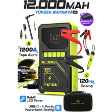 7go 7A8 1200A Akü Takviye Cihazı ve Lastik Şişirme Pompası, 12000 Mah Powerbank, LCD Ekranlı Jump Starter