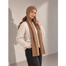 Irmak Kerekli Kadın Yumuşak Dokulu Triko Atkılı Bere | Balaklava Atkı Bere 72109 Camel