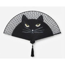 Str Store Kedi Tasarımlı Katlanır El Yelpazesi, Bambu Çıtalı, Püsküllü, Siyah, Yelpazekedı