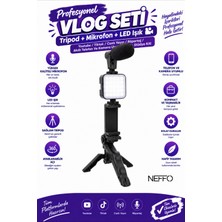 Neffo Profesyonel Vlog Seti – Tripod + Mikrofon + LED Işık 🎥 | Youtube / Tiktok / Canlı Yayın / Röportaj / Akıllı Telefon ve Kamera Uyumlu Video Stüdyo Kiti
