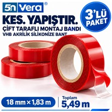 5n Vera Çift Taraflı Montaj Bandı 3’lü Paket – Vhb Akrilik Silikonize Bant 18 mm × 1,83 M