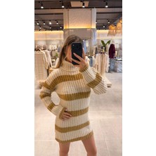 Parkhande Latte Çizgili Balıkçı Yaka Triko Mini Elbise