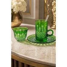 Kristal Market El Yapımı Kristal Desenli Yeşil 6 Kişilik Çay Takımı Set 18 Parça