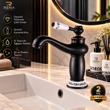 Rena Design Rustik Siyah Lavabo Bataryası Banyo Musluğu Eskitme Porselen Işleme Armatür Otantik Retro