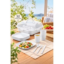 Porsima 0039-2 Karizma 32 Parça 6 Kişilik Pratik Taşınabilir Piknik Seti - Saklama Kutulu Piknik Sepeti Beyaz