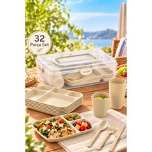 Porsima AC-101 32 Parça 6 Kişilik Pratik Taşınabilir Piknik Seti - Saklama Kutulu Piknik Seti Krem