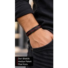 Herşey Nota Pyravelle Nightweft Siyah Deri Erkek Bileklik - Çift Dokulu Örgü ve Metal Detay