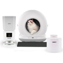 Whirtz Akıllı Otomatik Kedi Tuvaleti, Mama Kabı ve Su Pınarı - Beyaz 3'lü Pet Ürünleri Seti