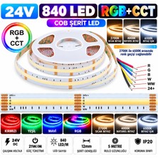 Powerr Led Aydınlatma 5 Metre 24V 840 LED 12MM Rgb+Cct Rgb Beyaz ve Günışığı Cob Şerit LED 6 Pin