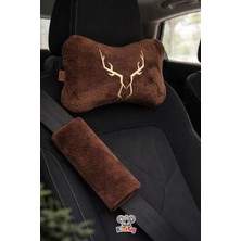 Kidhug Nakışlı Oto Boyun Yastığı ve Emniyet Kemeri Koruyucu 2 Parça Set Kahverengi