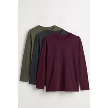Elemge %100 Pamuk 3'lü Süprem Basic Erkek T-Shirt Compact Penye Tok Yumuşak Kumaş Normal Kalıp Terletmez Uzun Kollu Sporcu Antrasit-Bordo-Haki Motorcu Tişört Body