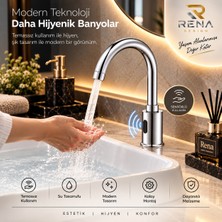 Rena Design Fotoselli Sensörlü Krom Lavabo Bataryası Temassız Otomatık Tasarruflu Modern Musluk Kuğu