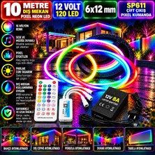 Powerr Led Aydınlatma 10M 12V 6X12MM 120 Ledli Dış Mekan Pixel Neon LED 8A Laptop Adaptör SP611 Çift Çıkışlı Pixel Kumandalı Set